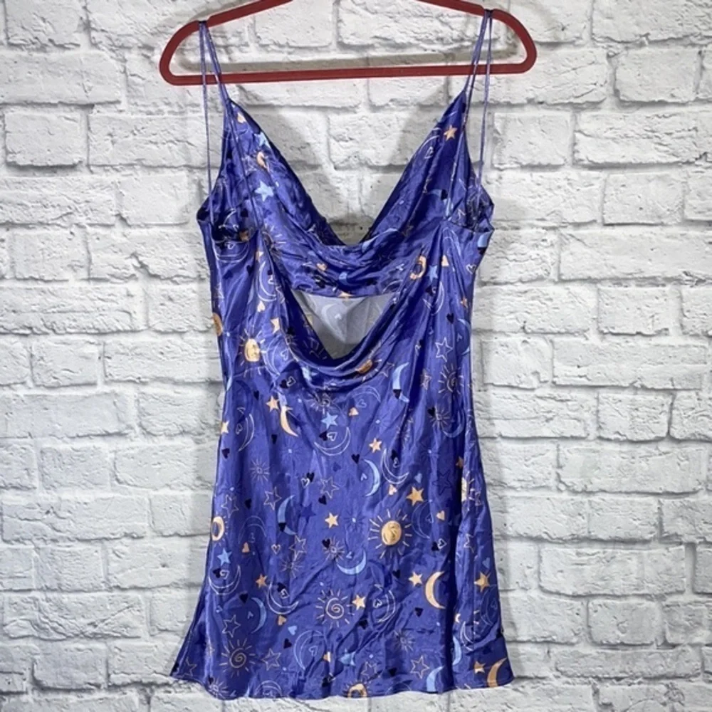 NWOT Zara Satin Slip Celestial Moon Star Heart Print Lingerie Draped Sleep Dress